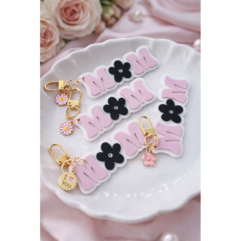 Mom sleutelhanger black flower 
